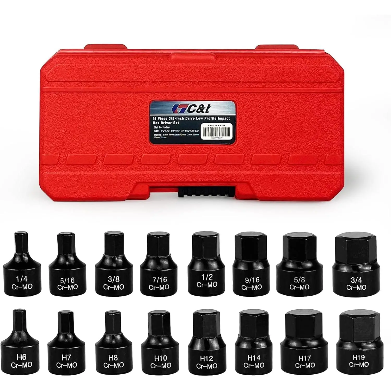 C&T 16 Piece 3/8-Inch Drive Low Hex Driver Set,SAE/Metric,1/4 Inch - 3/4 Inch, 6mm - 19mm, Cr-Mo, Hex Bit Set, Duty Case
