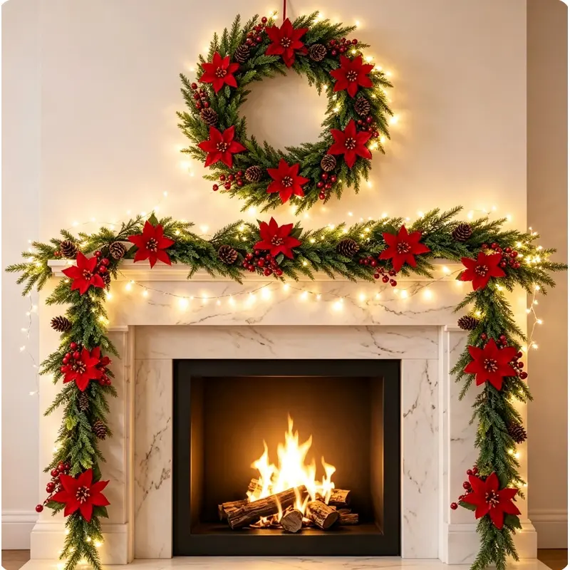 2 Pack 71 Inch Christmas Poinsettia Pine Flower Wreath Red Berry Pinecone Wreath Artificial Christmas Wreath For Christmas Decorations Wedding Party Home Indoor Outdoor Fireplace Holiday Decor