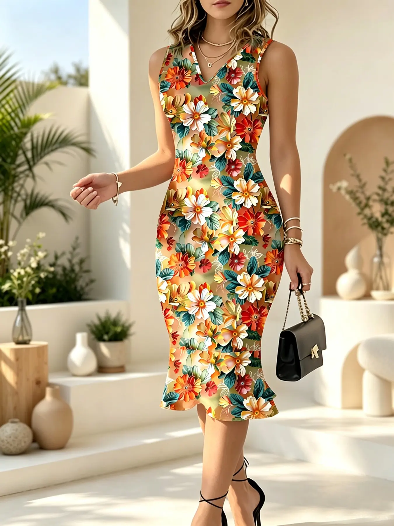 V Neck Fitted Women's Dress, Elegant Waist-Cinch Printed Mermaid Dress, Elastic Mid-Length Polyester Dress, Spring Summer Evening Wear