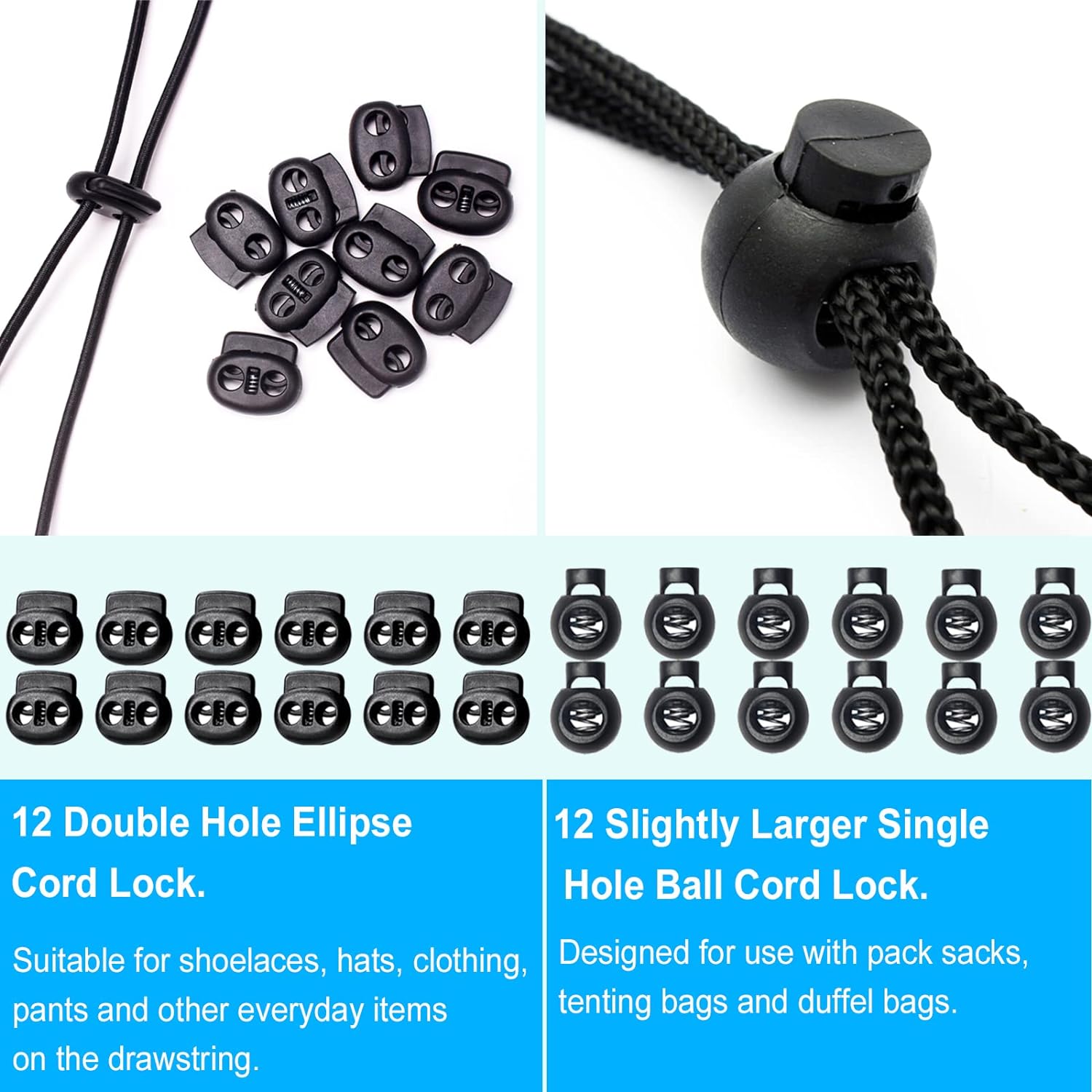 48 count Upgraded Plastic Cord Lock, Cord Locks - Draw String Clip with Spring Toggle Stoppers Buttons for Drawstrings, Shoelaces, Paracord
