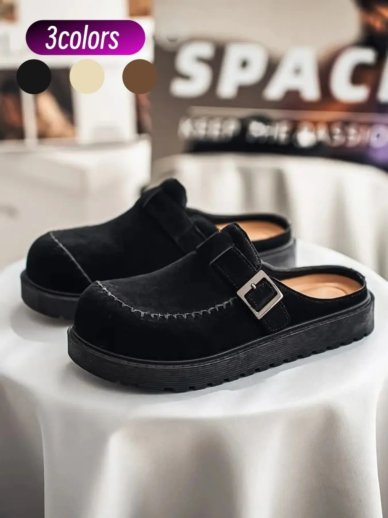1 Pair Premium Suede Mens Retro Mules Adjustable Buckle Strap Anti Slip Thick Sole Hand Stitching Casual Slides For Commute Walking