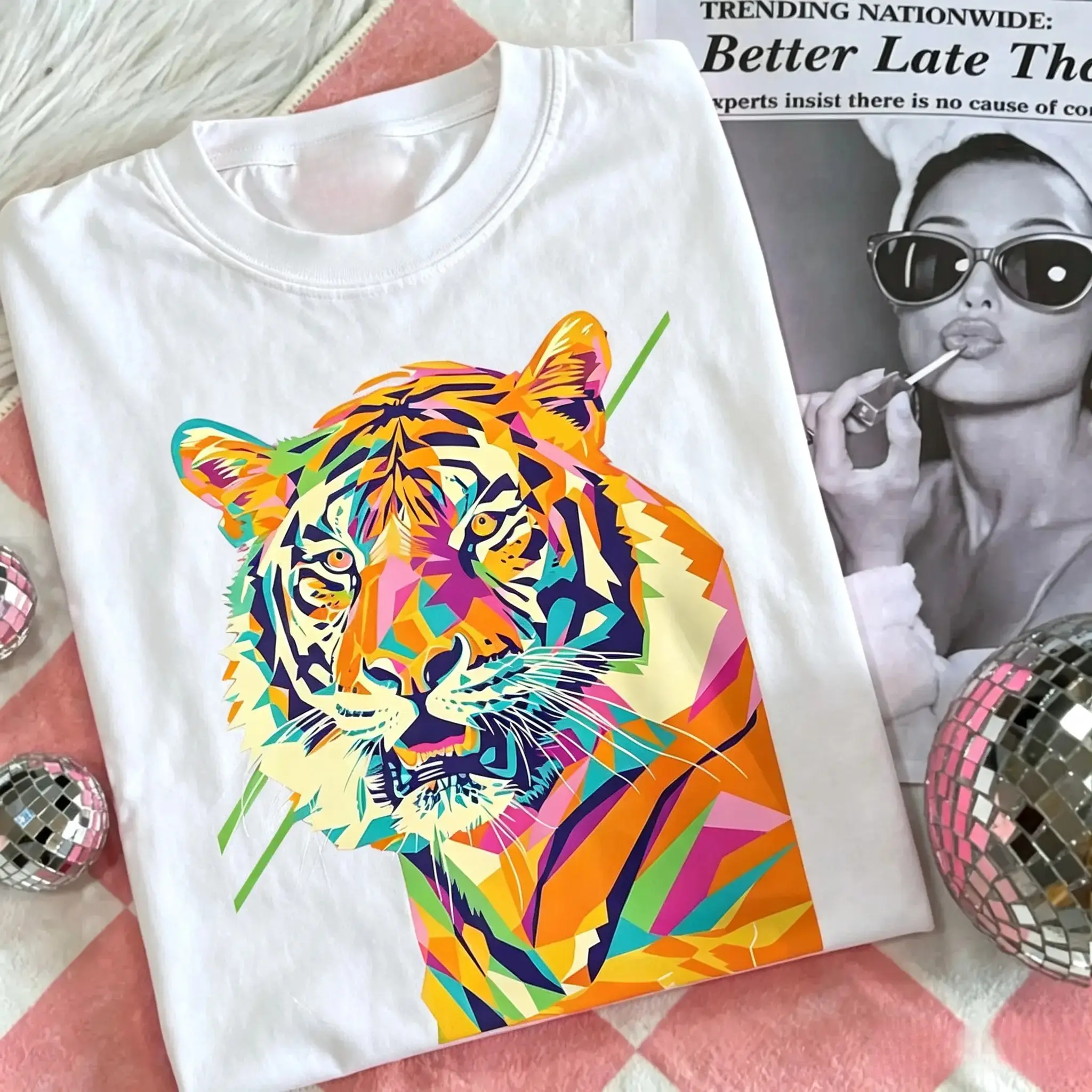 Neon Pop Art Tiger T-Shirt, Women's Oversized Vintage Graphic Tee, Casual Streetwear Short Sleeve Top, Shortsleeve, Tops, Women's Clothes, All Seasons