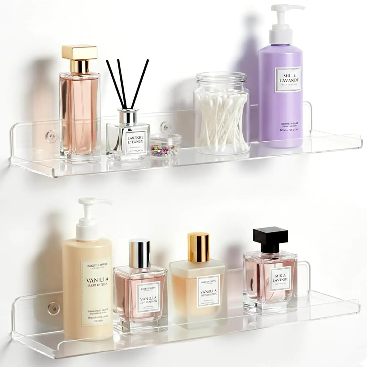 2-Pack Transparent Floating Shelves - Wall-Mounted Synthetic Home Decor for Bathroom Makeup Storage, Easy Installation, 14" Organizer for Skincare, Polish, Books, Bedroom/Living Room