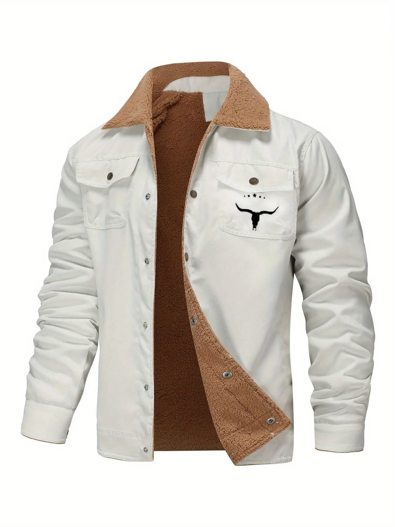 1PC Men's Casual Thick Jacket with Logo Print on Front, Button Closure Design, Multiple Pockets, Solid Color Winter/Spring Warmth-Resistant Coat