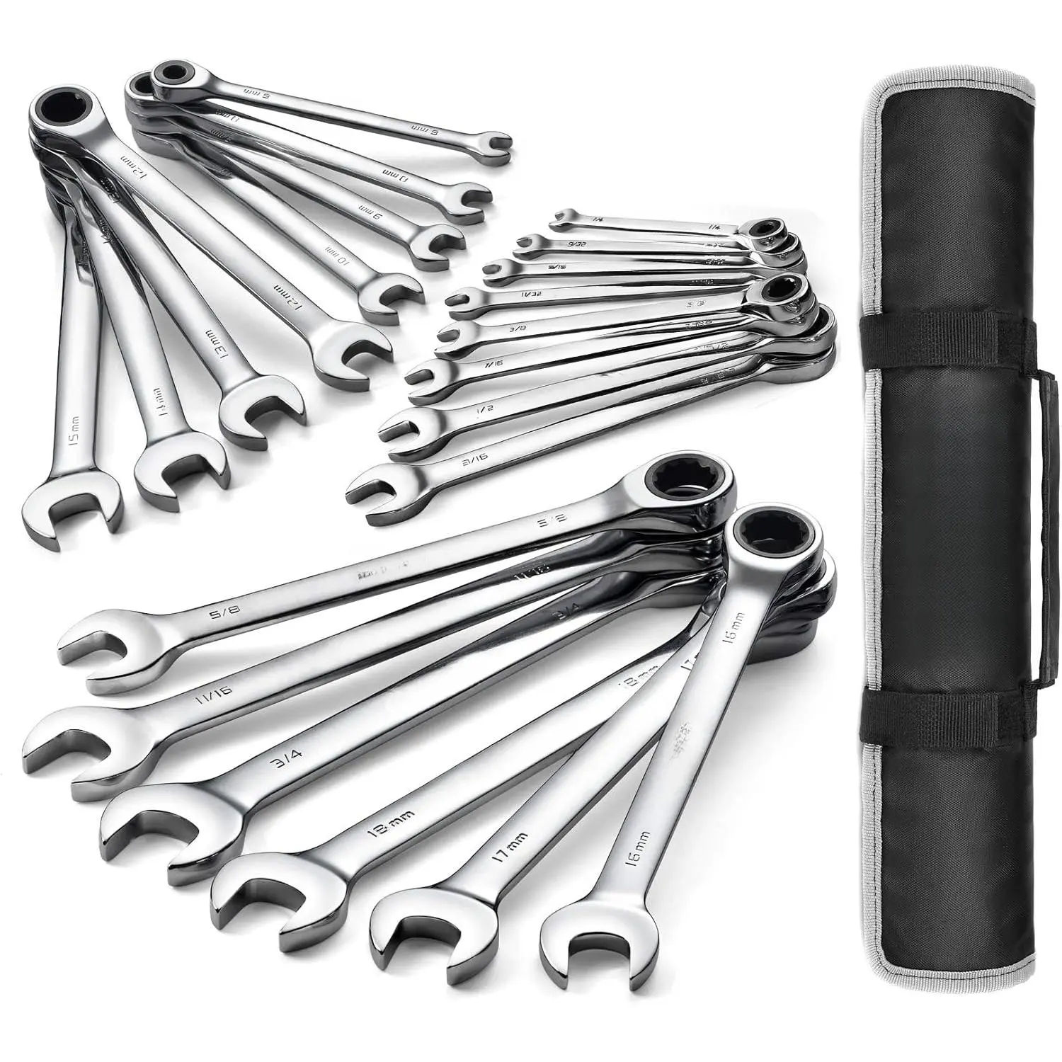 Ratcheting Wrench Set, Combination Wrench Set, SAE & Metric, 22-piece, 1/4" to 3/4" & 6-18mm, CR-V Steel, with Pouch