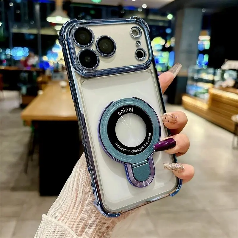 Transparent Plating Ring‑Stand Magsafe Case, Shockproof Protective Cover for iPhone 13 14 15 16 17 Pro Max