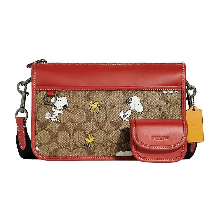 Coach x Peanuts Snoopy Heritage 25 Crossbody Bag for Women – Monogram Canvas and Calfskin, Brown and Red