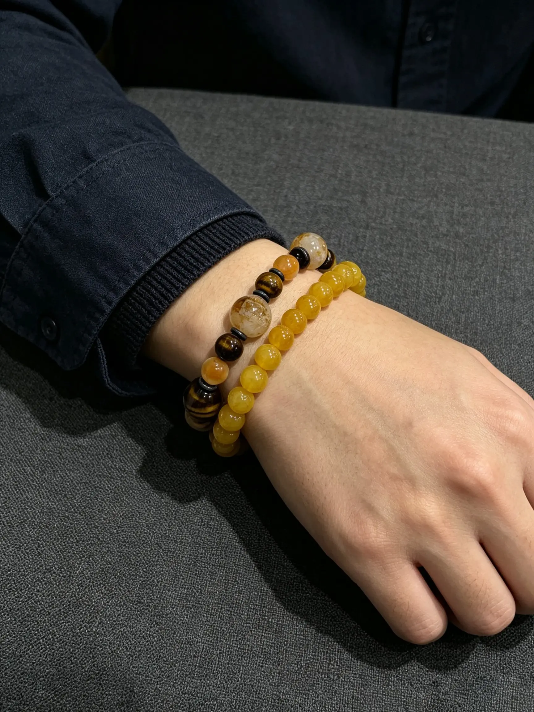 Men Natural Stone Beaded Bracelet 2‑Piece Set, Tiger's Eye Citrine Yellow Chalcedony Elastic Bracelets, Stackable Gemstone Wrist Jewelry for Daily Wear & Gift