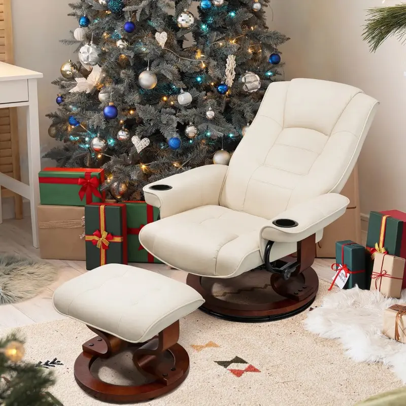 Faux Leather Heated Massage Recliner Chair with Ottoman, 360° Swivel Adjustable Lounge Chair with Remote Control, 8-Point Vibration Massage & Heating Function, PU Recliner with Cup Holders & Side Pocket