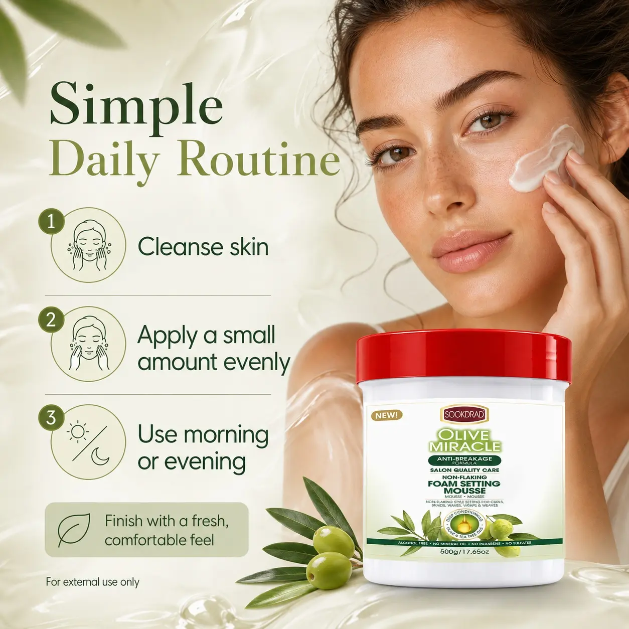 Olive Tea Tree Oil Foam Setting Mousse, anti-breakage, non-flaking, deep conditioning, alcohol free, no mineral oil, no parabens, no sulfates, for curls braids waves wraps weaves, salon quality care,