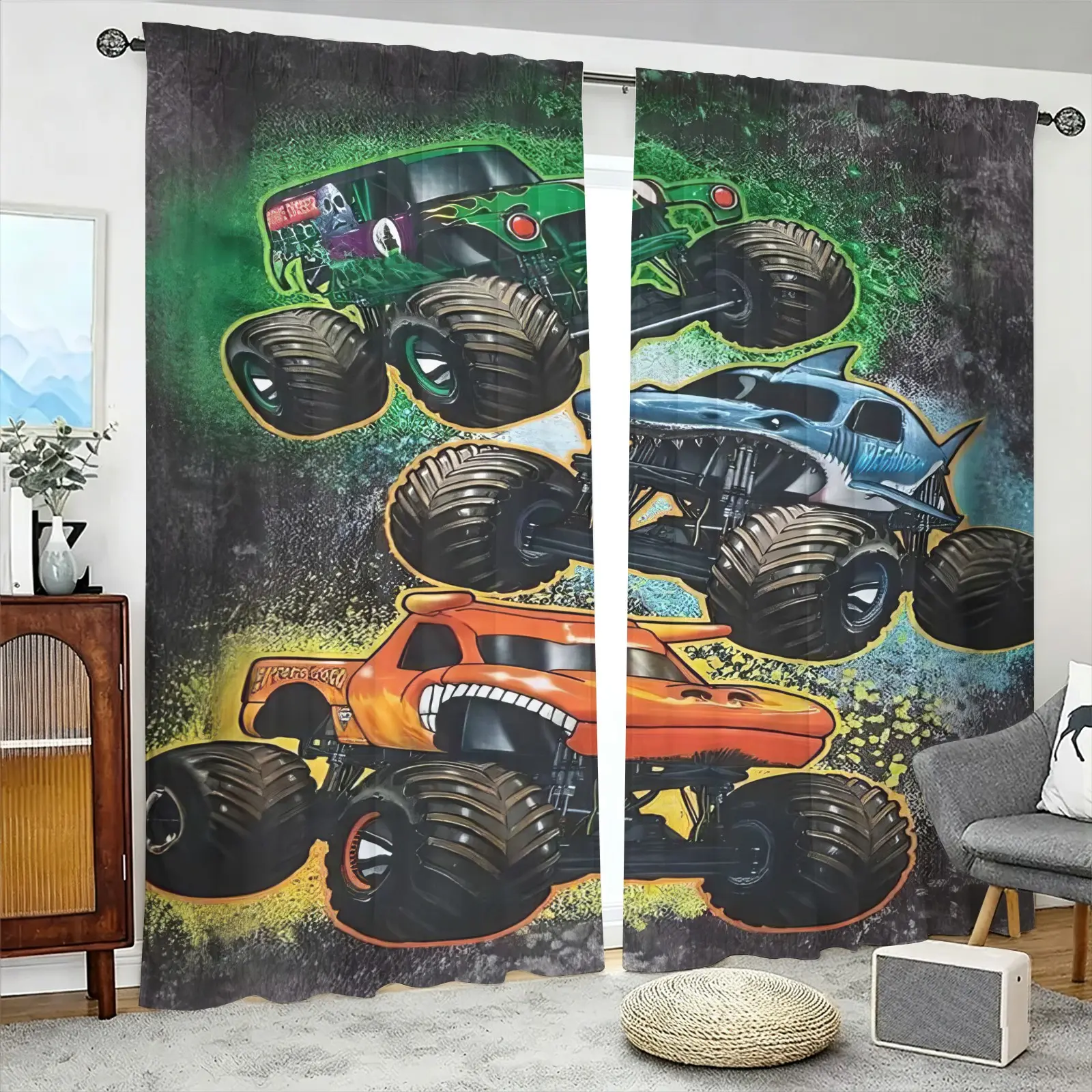 Set of 2 Brushed Fabric Curtains, Monster Truck Pattern Window Drapes, Light Blocking, Fade Resistant, Through Rod Hanging Design, Machine Washable Decor Curtains for Boys Bedroom Playroom, Cool Home Window Curtains