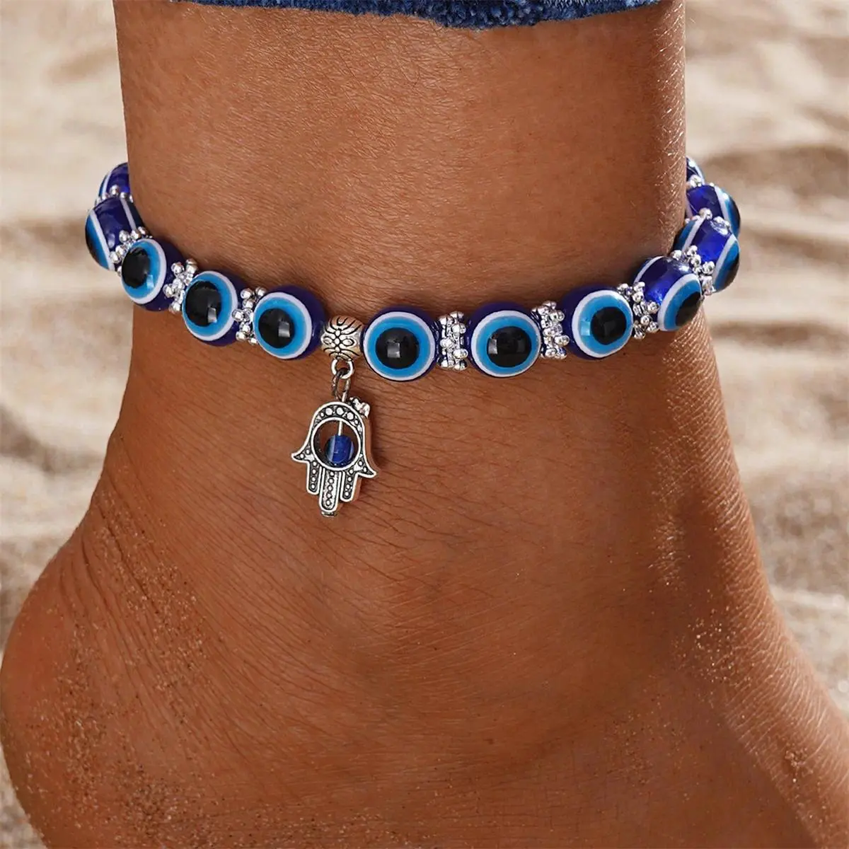 Turkish Blue Evil Eye Beaded Anklet for Women with Lucky Animal Charm Pendants - Butterfly, Turtle & Elephant, Turtles, Synthetic, Butterfly Beads Anklets, Metal Coating, Stainless, Female, Amulet Anklets