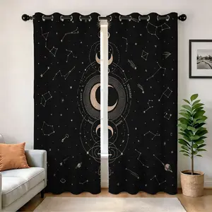 1 Pair Digital Print Semi-Blackout Pair Curtain,Divination style starry sky print, Easy Install Repeatedly Washable Punch Hole Curtain, Clear Print, Home Hotel Holiday Decor Gift