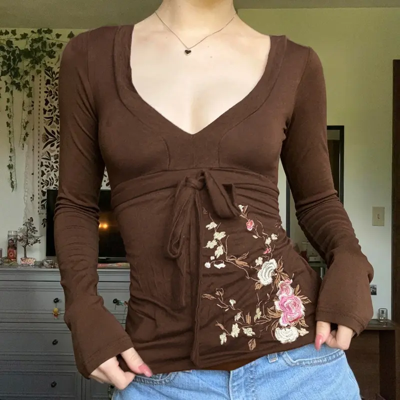 Vintage Y2K Tie Front Long Sleeve Shirt, Floral Embroidery Slim Fitted Going‑Out Top for Women