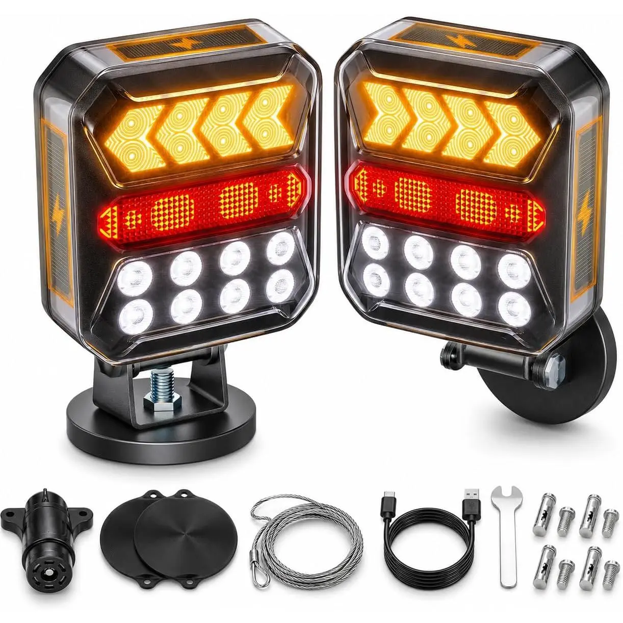 Wireless Trailer Lights Kit, Solar USB-C Magnetic Rechargeable LED Tow Lights, 2.4G Transmitter, Turn/Brake/Running/Alert Modes, Waterproof for Truck Boat RV Camper