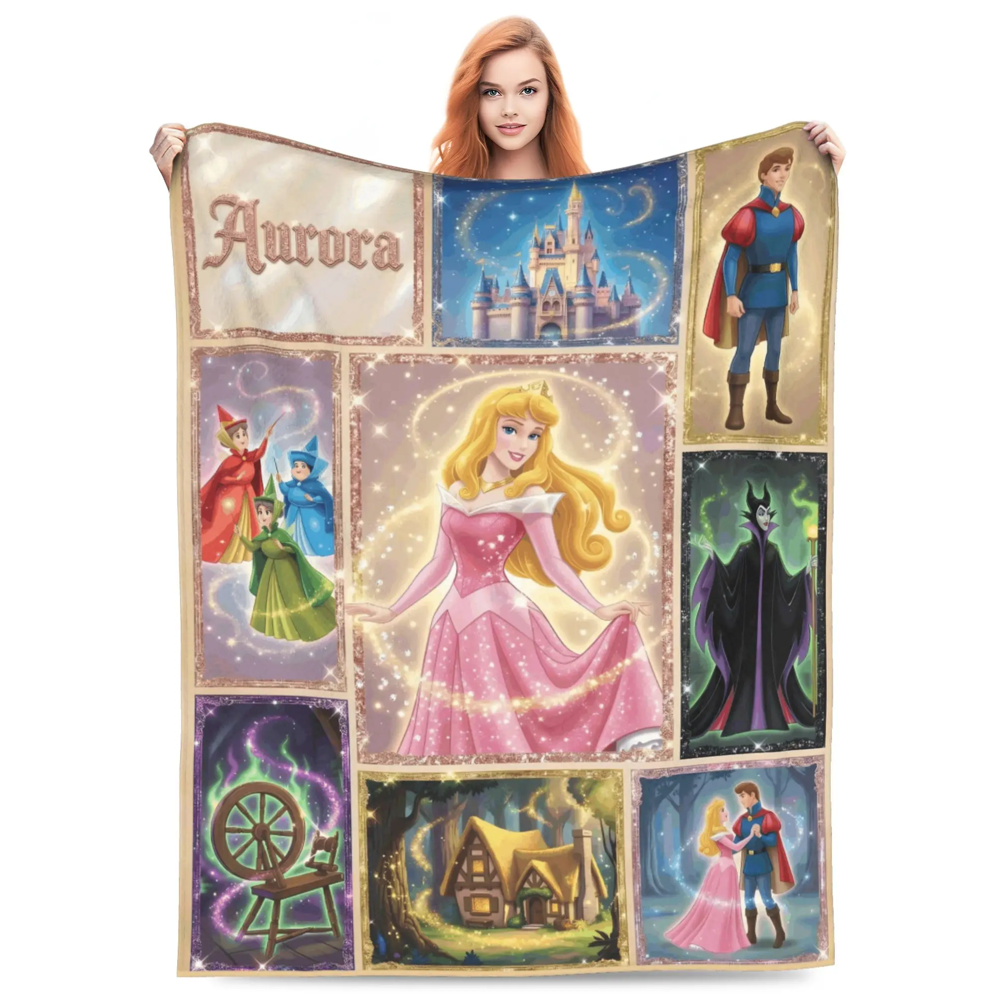 DISNEY CLASSIC Princess Aurora Sleeping Beauty Throw Blanket, Golden Frame Grid Collage Maleficent Three Good Fairies Spinning Wheel Castle Cartoon Print Flannel Fleece Blanket for Sofa Bed Bedroom, Princess Gift for Girls Kids Women