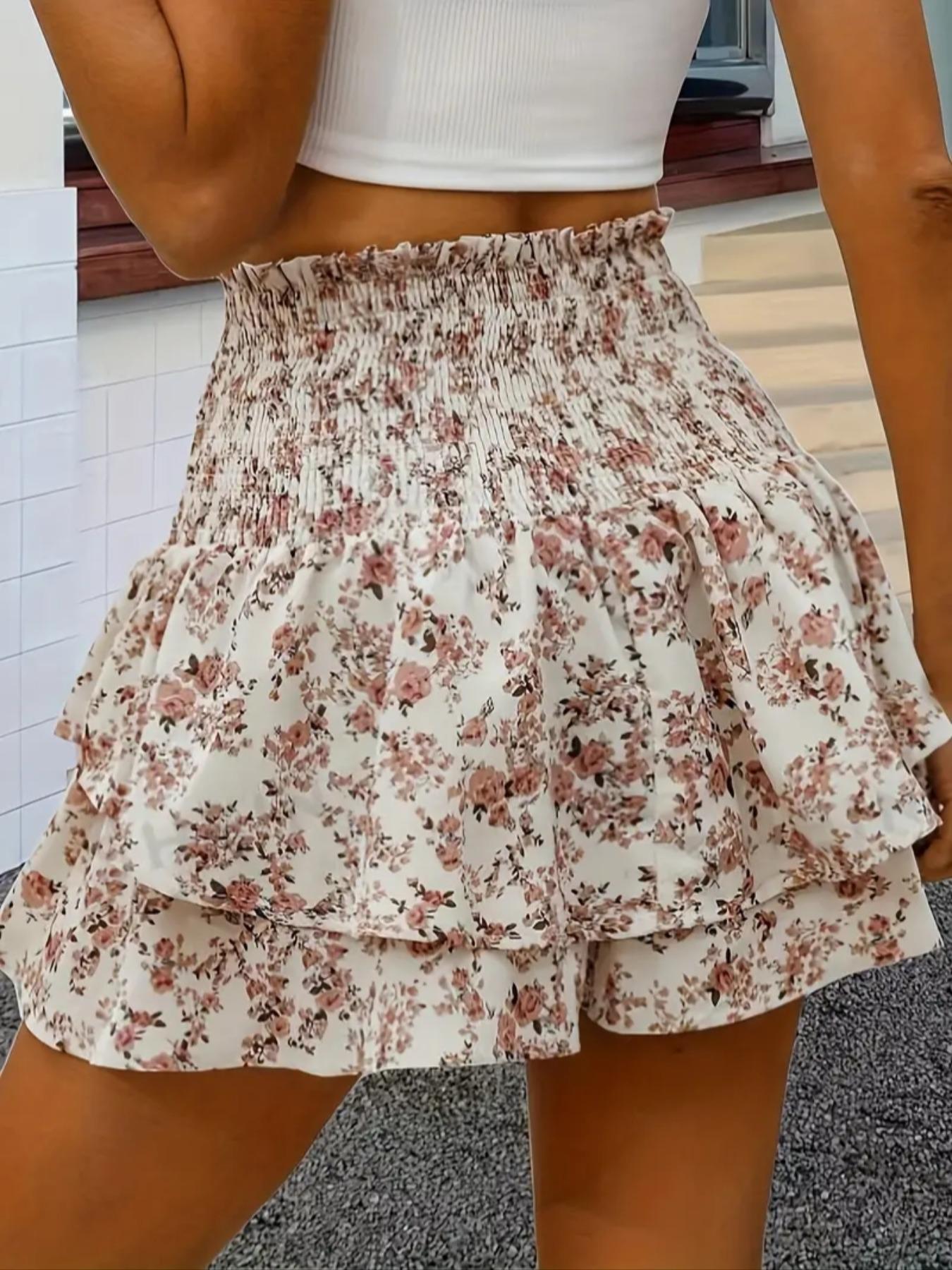 Women's Floral Print Woven Frill Trim Shirred Tiered Layer Shorts, Casual Loose High Waist Tie Front Drawstring Wide Leg Shorts for Spring & Fall, Women's Bottoms for Daily Wear