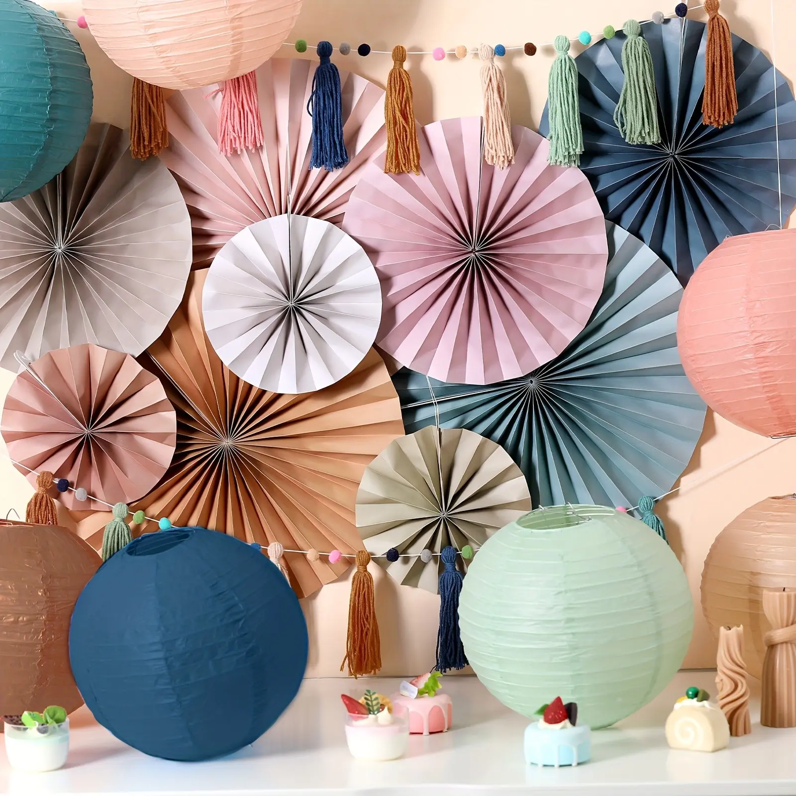 20pcs Bohemian Party Decorations with Hanging Paper Fans, Lanterns & Tassel Flower Garlands - Multicolor Paper Hanging Decor Suitable for Classroom, Wedding, Baptism Parties - Wall Hanging Garland Set