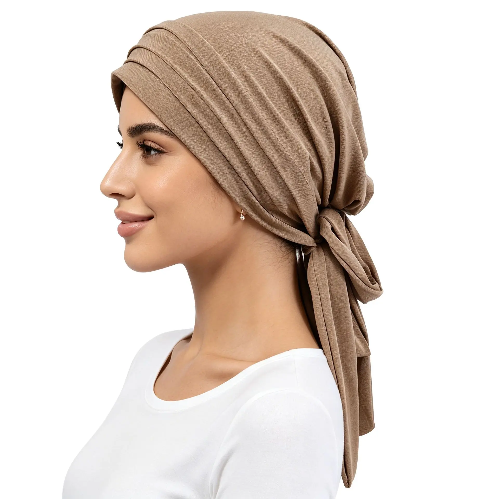 Women's Viral Taupe Pleated High-Stretch Turban Beanie Cap, Side Bow with Draped Tail, Soft Full Coverage Headwrap for Church & Daily Modest Sports Headband
