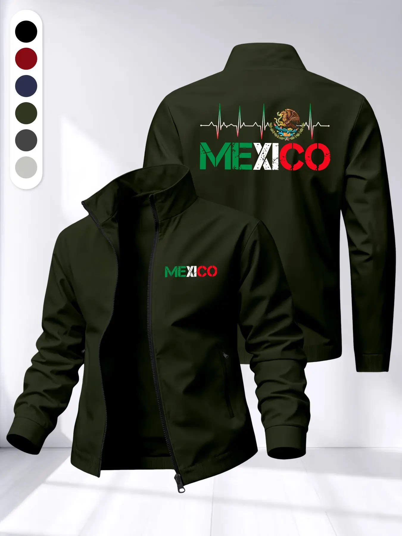 Mexican Flag Letter Men's Stand Collar Jacket, Ethnic Eagle Ecg Print Zipper Cardigan, Six Colors, High-Quality Anti-Pilling Top