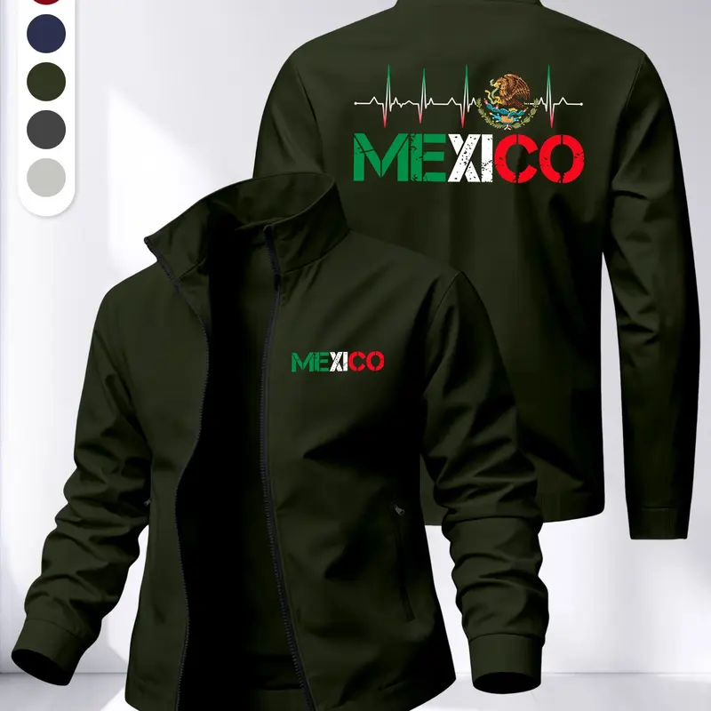 Mexican Flag Letter Men's Stand Collar, Ethnic Eagle Ecg Print Zipper Cardigan, Six Colors, High-Quality Anti-Pilling Top, Collared Zipper Jacket