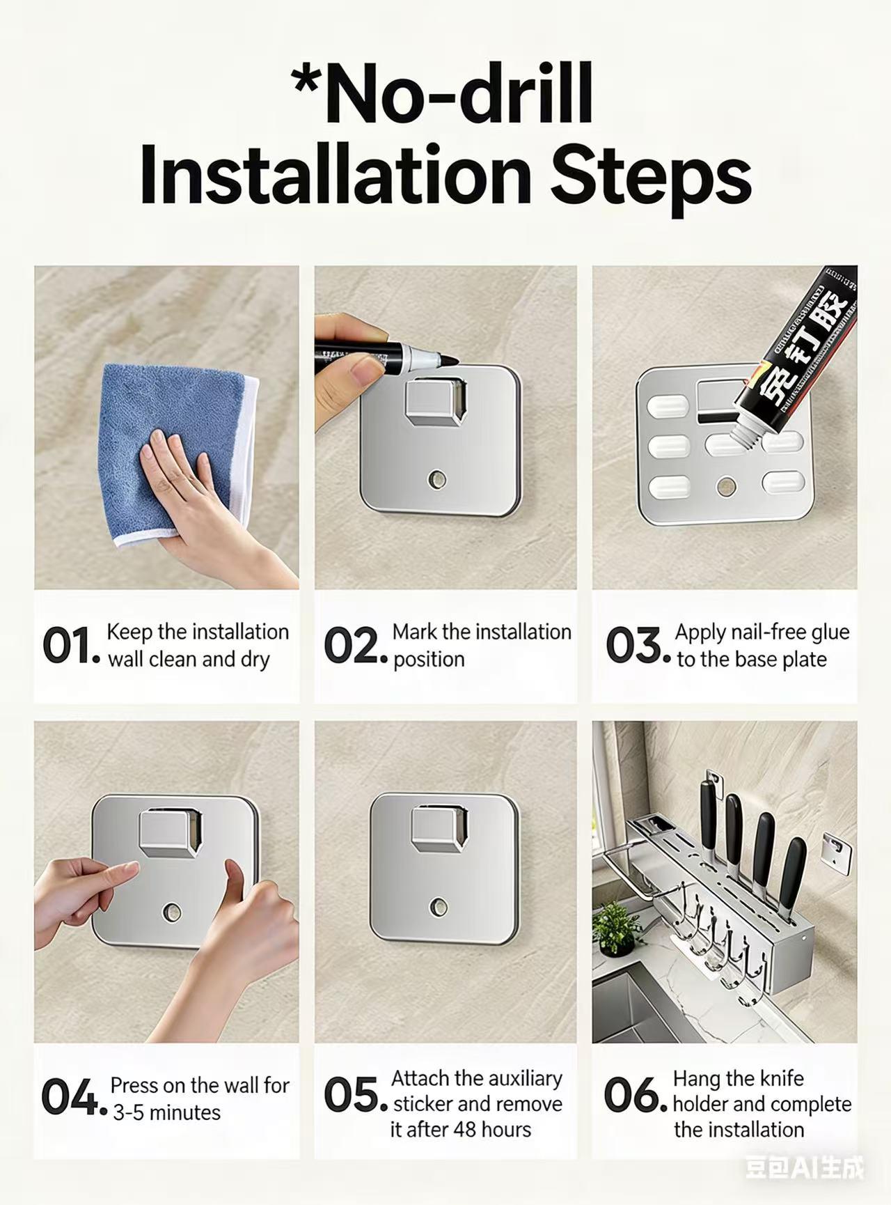 No-drill multifunctional kitchen utensil storage rack, no-drill knife rack, does not damage walls, easy to install and detachable No-drill multifunctional kitchen utensil storage rack, no-drill knife rack, does not damage walls, easy to install and detachable