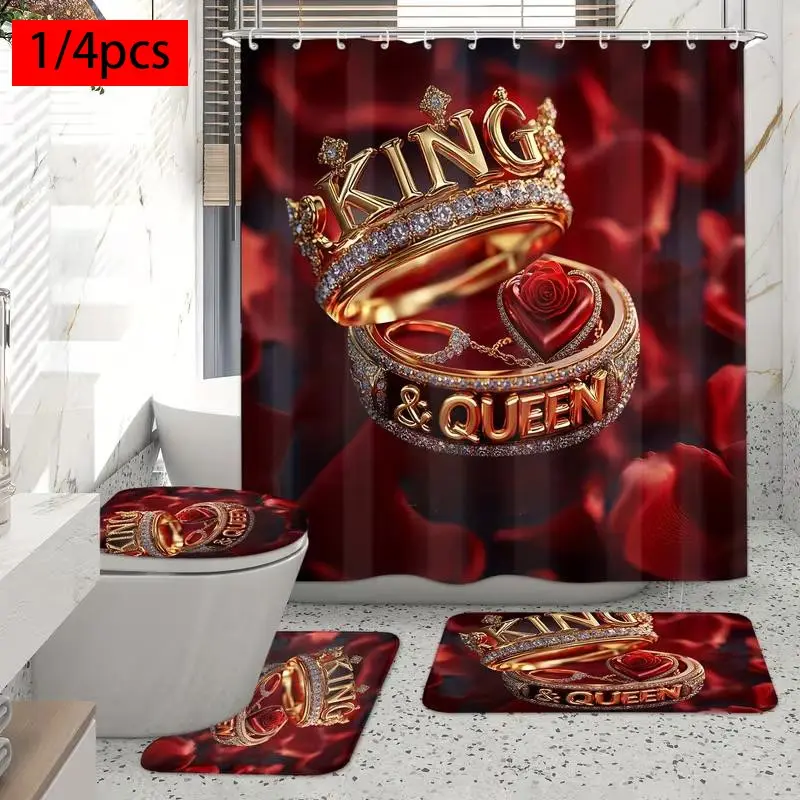 1/4pc Valentine's Day shower curtain set, Decorative shower curtain, with king and queen couple ring design, non-slip mat, U-shaped rug, toilet seat cover, perfect for bathroom decoration, partitioning, and beautifying. Includes 12 hooks