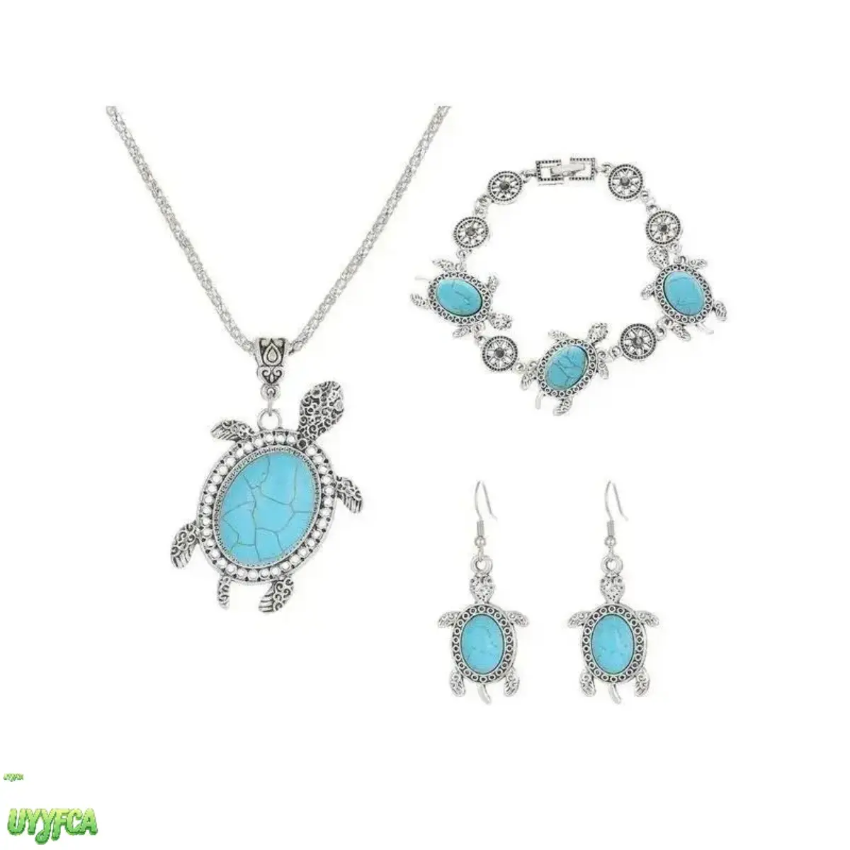 Boho Turquoise Turtle 3-Piece Jewelry Set for Women, Vintage Antique Silver Matching Necklace, Drop Earrings And Link Bracelet, Hand Carved Sea Turtle Charm Accessories for Beach Vacation, Coastal Outfits And Daily Casual Wear