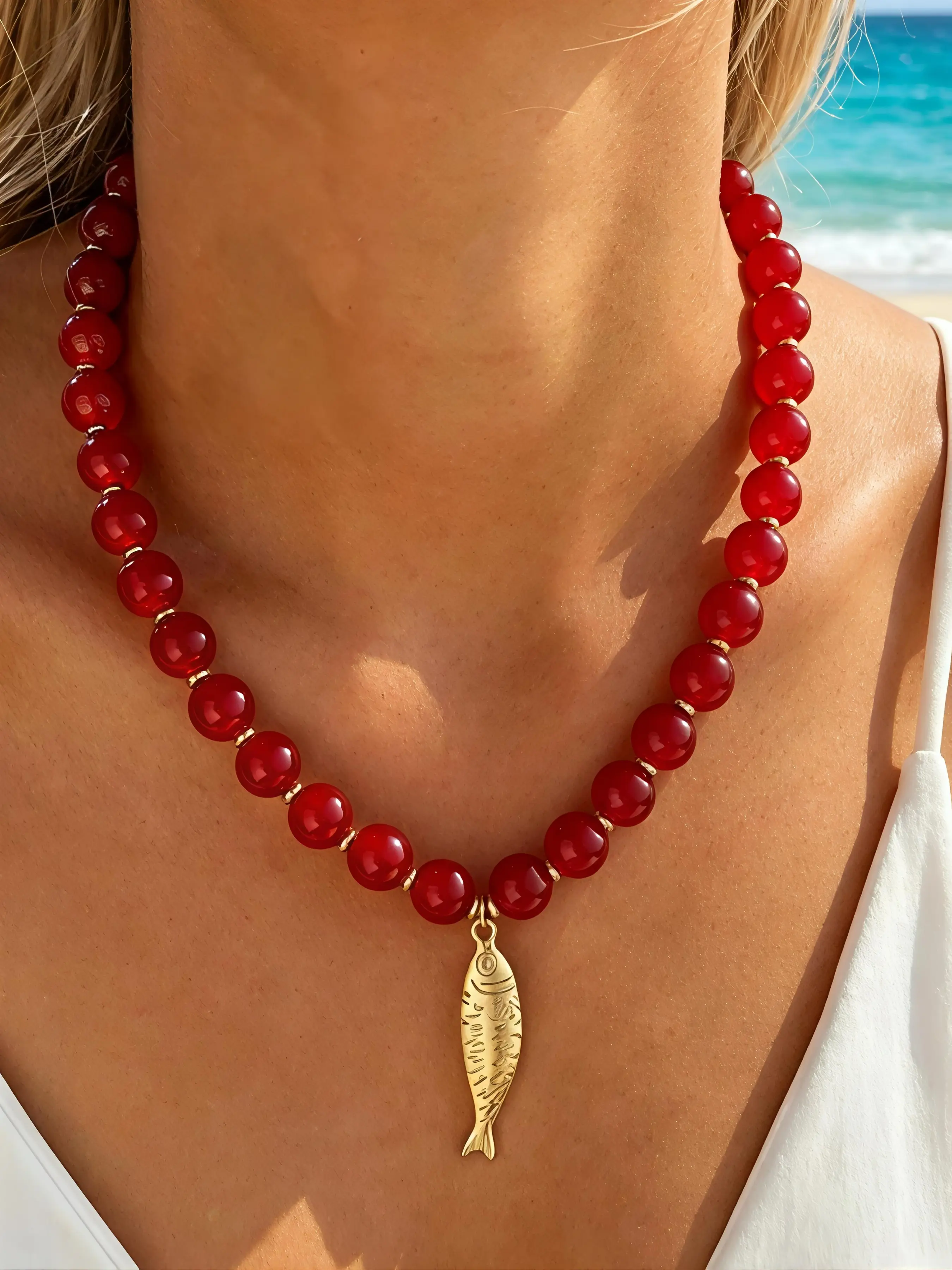 1pc Vintage Bohemian Handmade Beaded Fish Pendant Necklace, Women's Beach Vacation Jewelry, Suitable for Daily Wear, Date, Birthday Gift