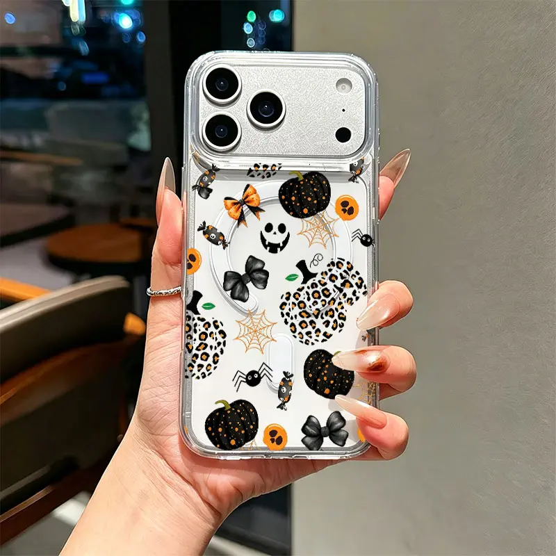 Clear Mood In Case Halloween phone case with orange pumpkins, leopard print, black bows, spiders and webs
