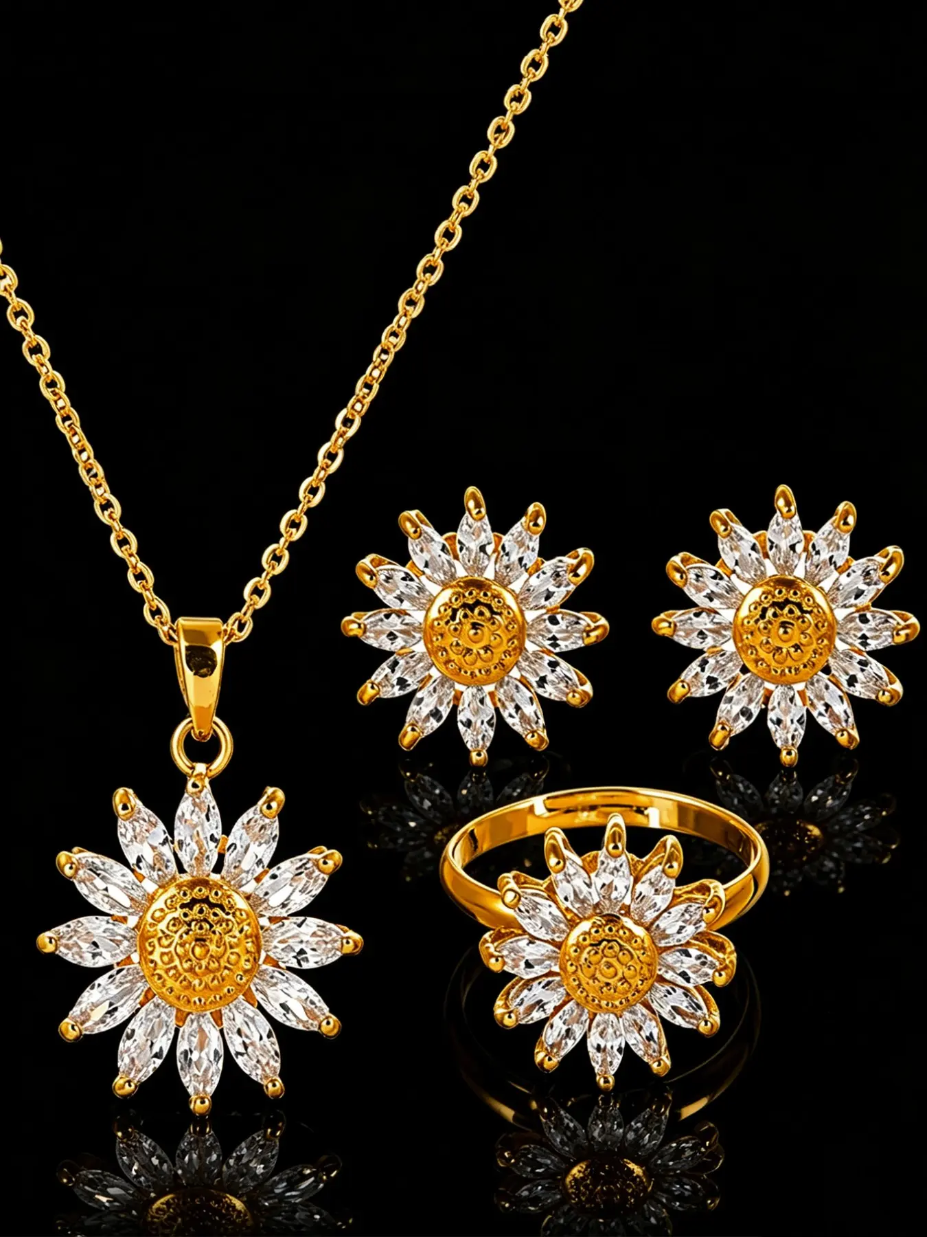 Zircon Sunflower Jewelry Set, 3 Piece Kit with Pendant Necklace, Earrings, Adjustable Ring, Perfect Gift for Women Wedding Party