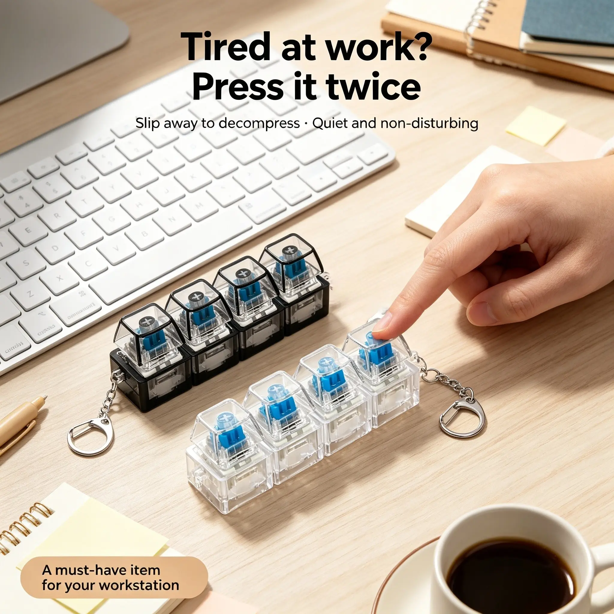Mini Mechanical Keyboard Switch Keychain Fidget Toy 4 In 1 Clicker Finger Stress Relief Toy Portable Keyboard Switches Tester Keychain Fidget Gadget Anxiety Relief Sensory Toy Gift For Adults Students Office Worker