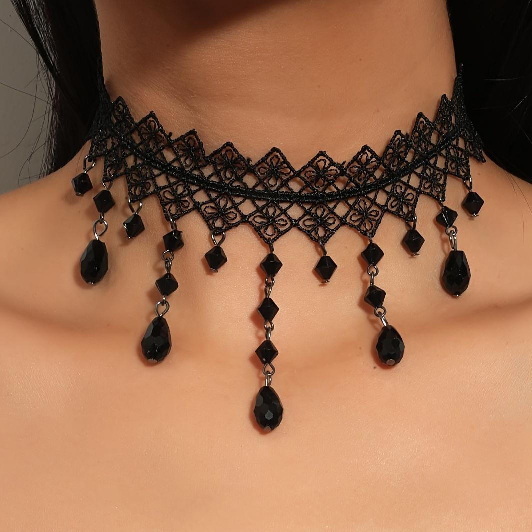 Perfect for Weddings, Parties & Halloween - Elegant Black Lace Choker with Water Drop Pendant