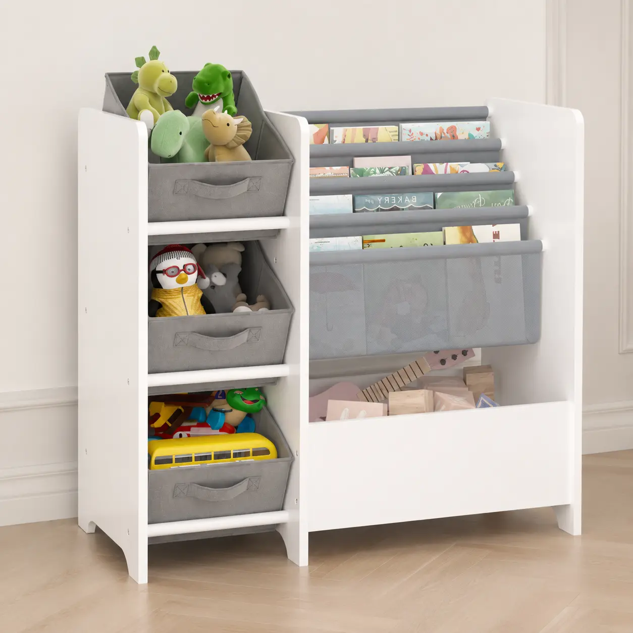 Littleox Bookshelf and Toy Storage Organizer, Multifunctional 4 Tier Kids Book Shelf with 3 Collapsible Fabric Drawers, Children's Book Display in Room Playroom Nursery for Kids, Children, Toddlers