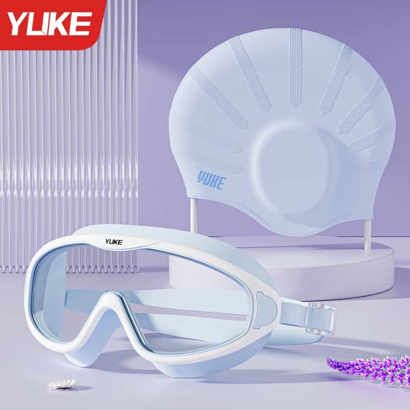 2-piece swim cap and goggles set designed to protect your ears and fit long hair perfectly