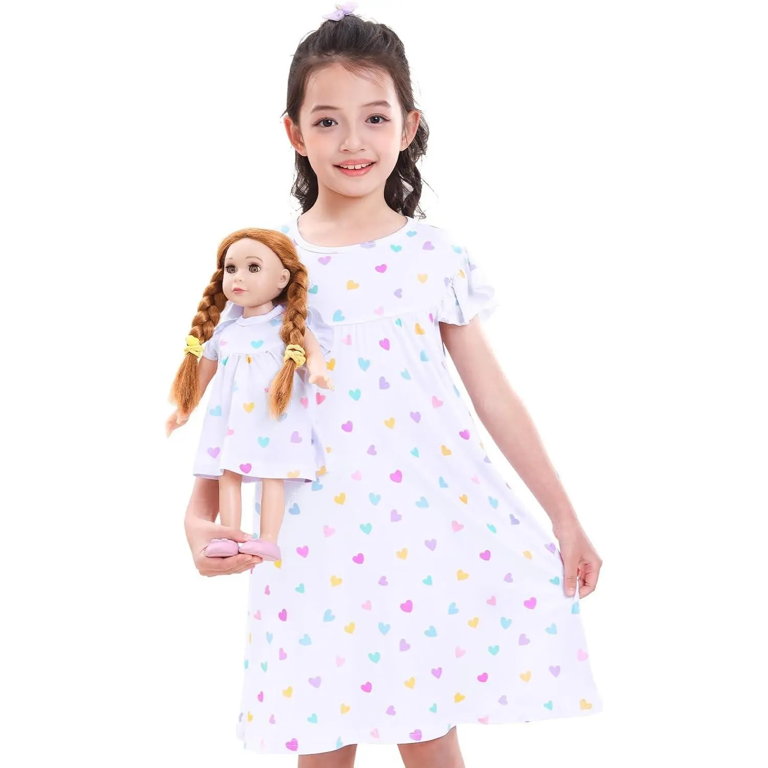 Matching Doll and Girls Nightgowns, Soft Pajamas for 18" Doll Accessories | Stretchy Night Dress with Flutter Sleeve, Ideal for Girls Sleeping, Sleepover Parties and Birthday Gifts(Gift)