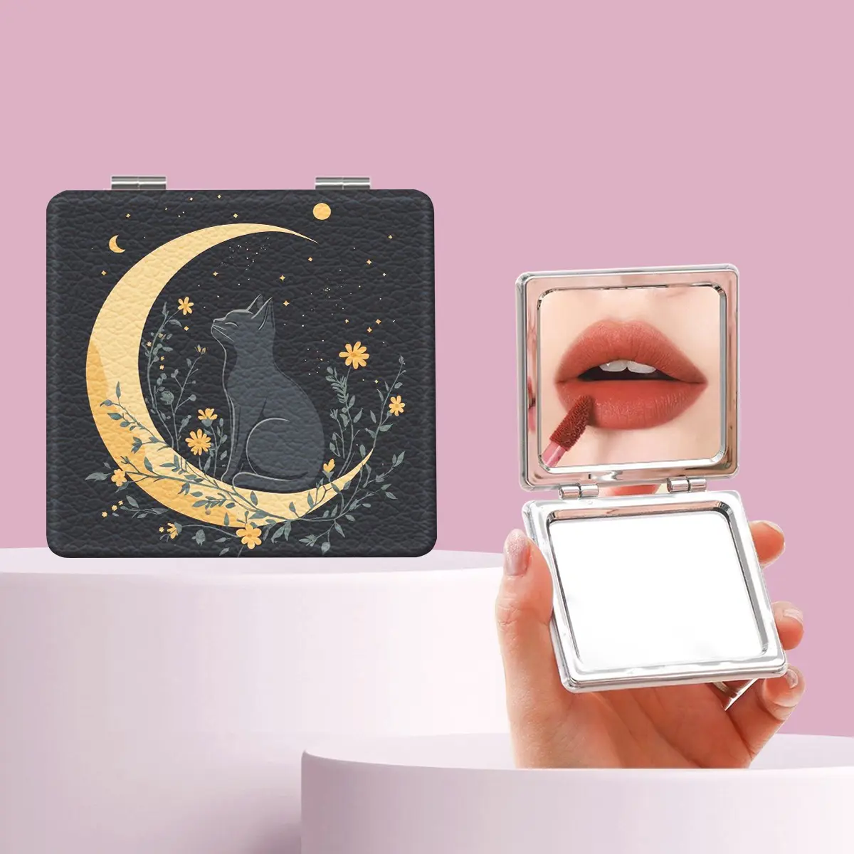 Vintage Moon Cat Floral Makeup Mirror, Foldable Mini Handheld Mirror, Perfect for All Occasions, Ideal Gift for Friends and Family