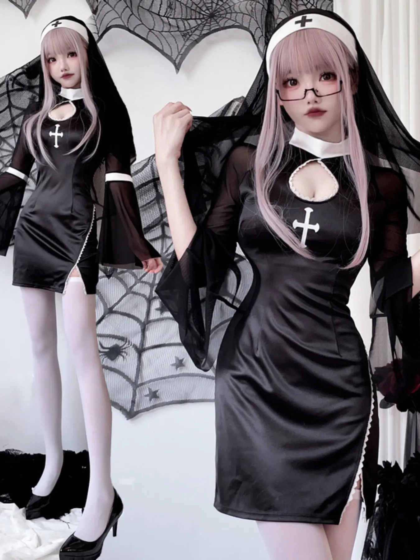 Halloween Adult Cosplay Vampire Nun Costume with Cross Gothic Dark Style Fitted Dress for All Seasons, Including Halloween Party and Role Play