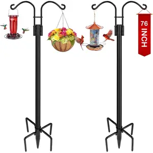 Double Shepherds Hooks for Outdoor, 2-Pack Heavy Duty Garden Pole for Hanging Bird Feeder, Plant Baskets, Solar Light Lanterns, Garden Plant Hanger Stands with 5 Base Prongs