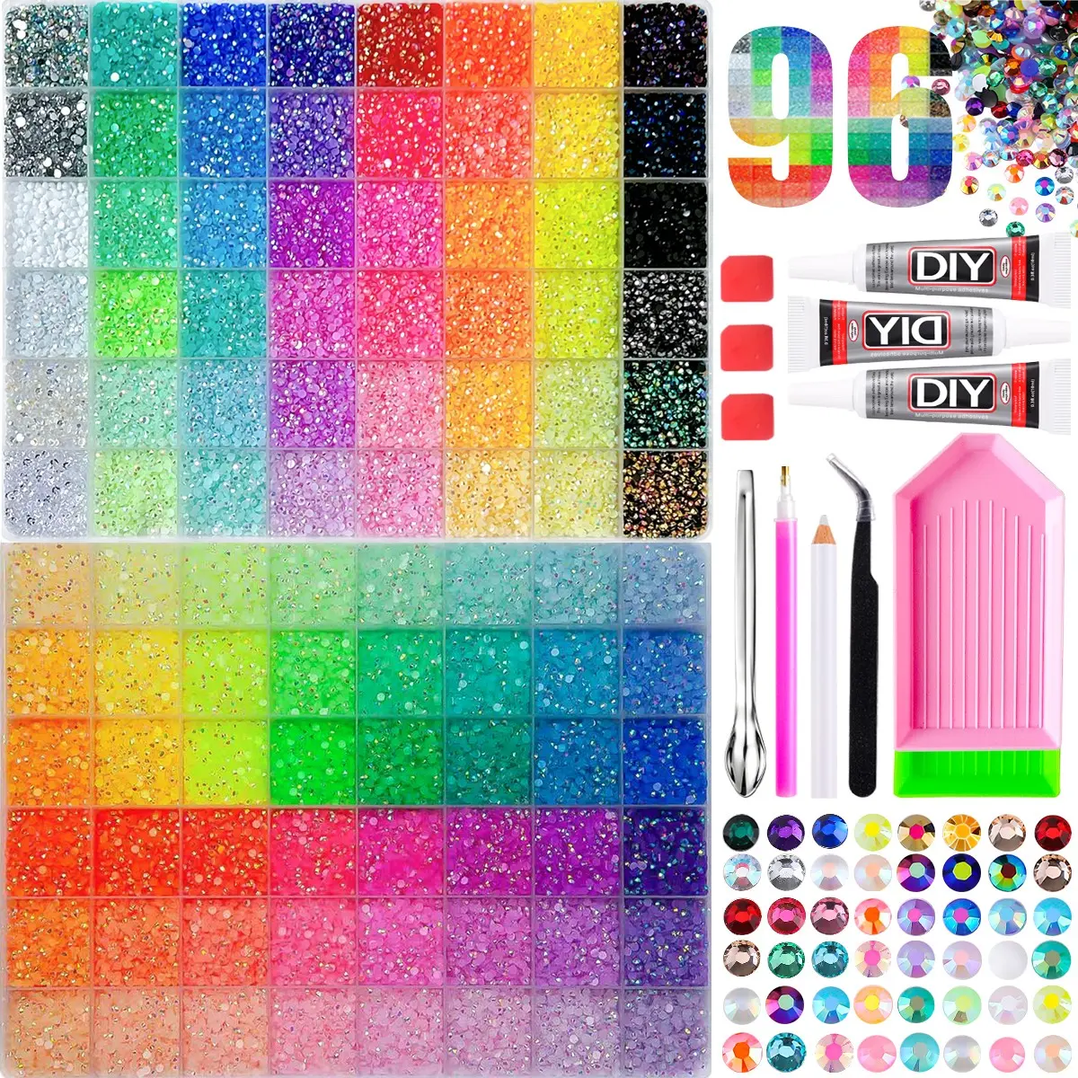 Bedazzling Kit 96-Color Glitter Rhinestone Kit, Large Capacity, All-In-One Bling Craft Supplies, Perfect for DIY Jewelry Making, Easy to Use。Colors Full Diamond Painting Tool Set | Complete DIY Craft Kit for Beginners & Halloween Hobbyists。Gifts for Women