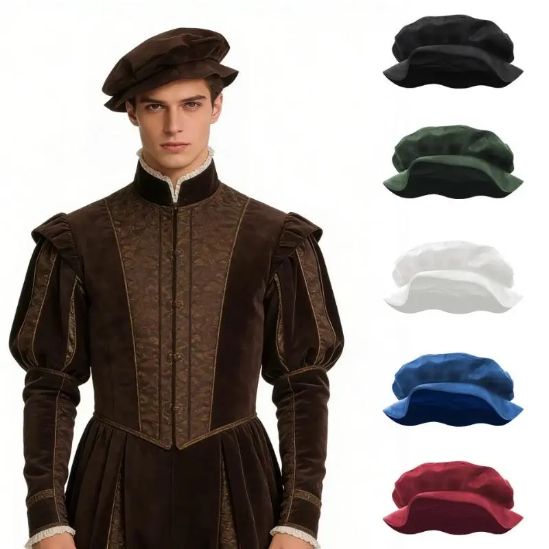 2026 Spring/Fall Medieval Tudor Imitation Velvet Flat Top Hat for Men,Renaissance Festival Men's Beret, Cap Circumference: 56 Cm