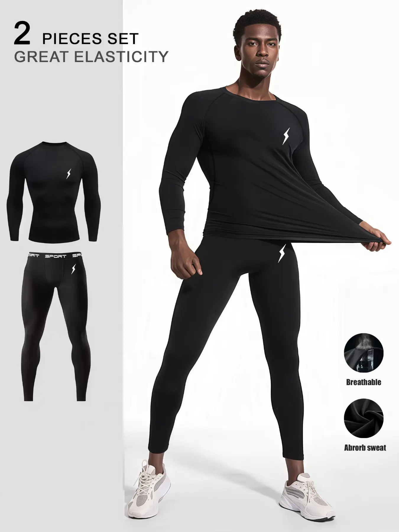 2 Piece Men's Compression Base Layer Set, Lightning Bolt Print Stretch Breathable Long Sleeve Top and Leggings Skin-Tight Athletic Activewear Suit for Gym Workout Running Muscle Fit V-Taper Sports .