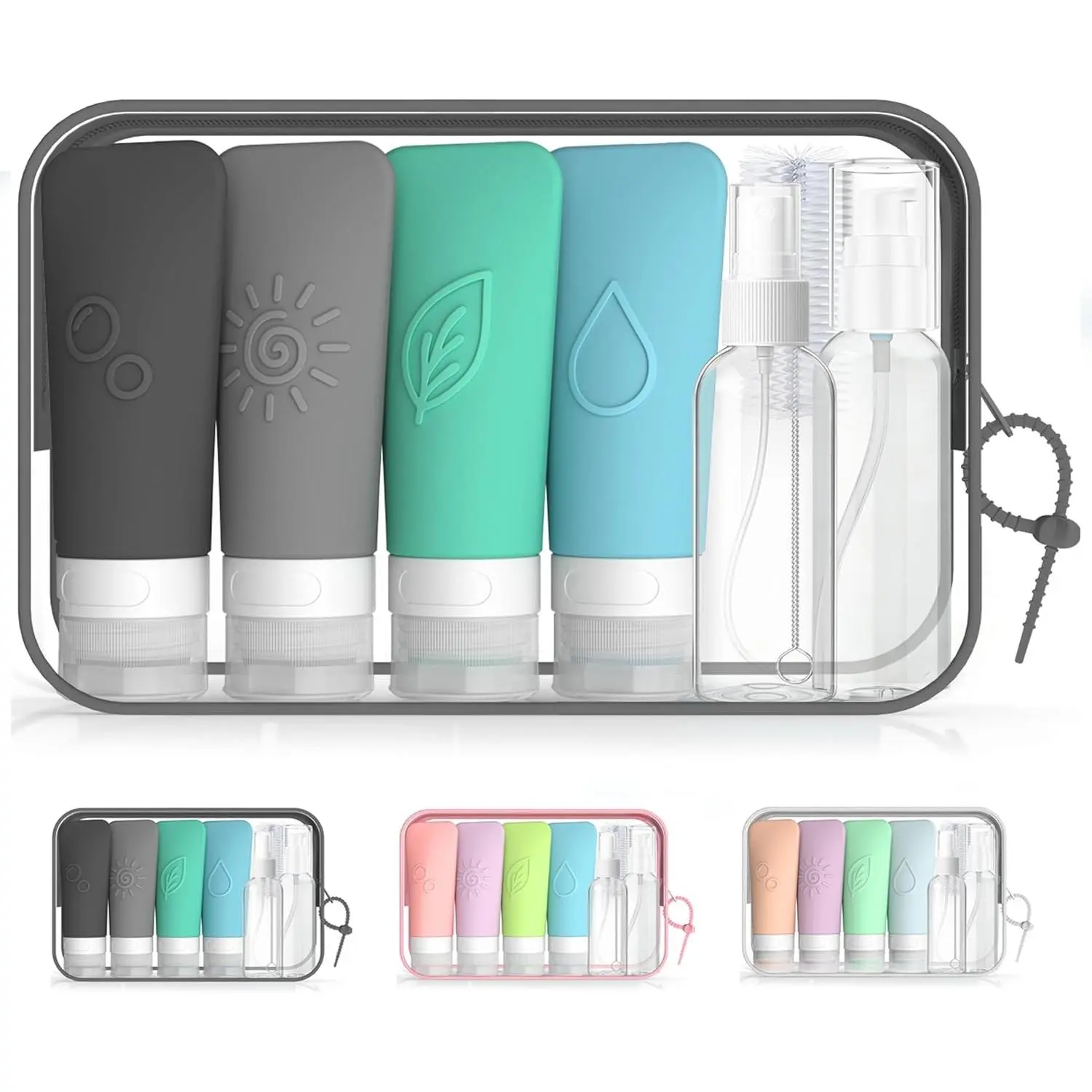 16-Piece Silicone Travel Bottles Set - TSA Approved Leakproof Toiletry Kit with Flat Easy-Squeeze Bottles, Pump & Spray, Waterproof Bag"Gift