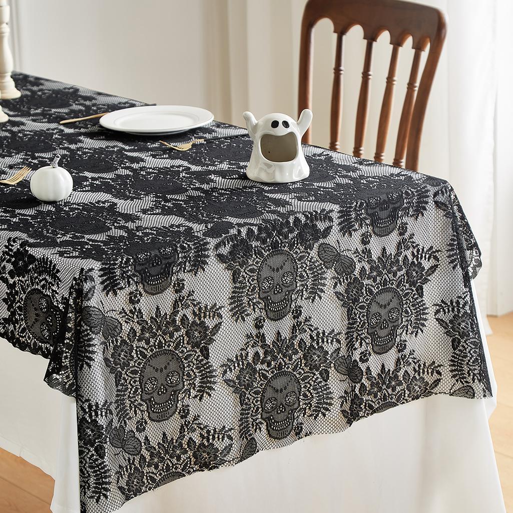 Skull & Floral Pattern Lace Tablecloth, Durable, Easy Maintenance, 1 Count Rectangular Tablecloth, Table Decoration Supplies for Home Kitchen Dining Room Party, Halloween, Table Setting