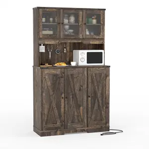 Pantry Cabinet with Charging Station,Microwave Stand, Cupboard Coffee Bar Food Pantry with Open Countertop