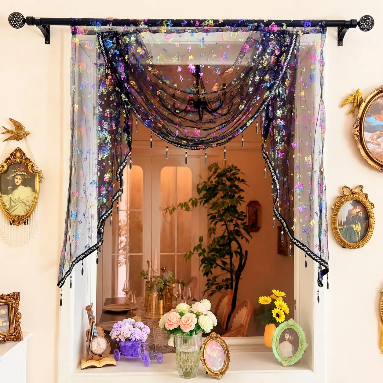 1pc Lace Butterfly Embroidered Curtain, European Vintage Sheer Window Curtain, Living Room Bedroom Small Curtain, Decorative Curtain, Home Decorative Curtain