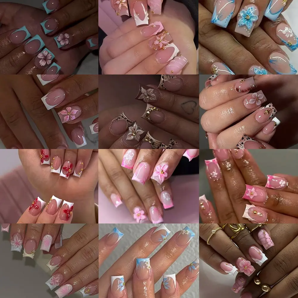 288pcs Short Square 3D Gel Nail Tips with Pearl Design, Press-On Nails, Floral and French Styles, Nail Designs, Perfect for Summer, Work and Parties
