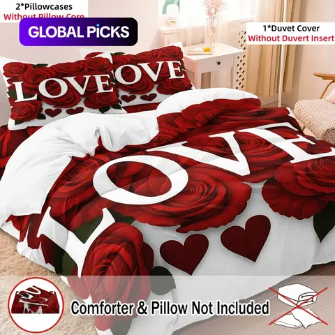 3-Piece Rose Pattern Duvet Cover Set, Duvet Covers Sets, Soft & Comfortable Bedding, for Bedroom, Guest Room & Dorm, Includes 1 Duvet Cover + 2 Pillowcases, No Comforter or Pillow Insert Included #GLOBAL PICKS