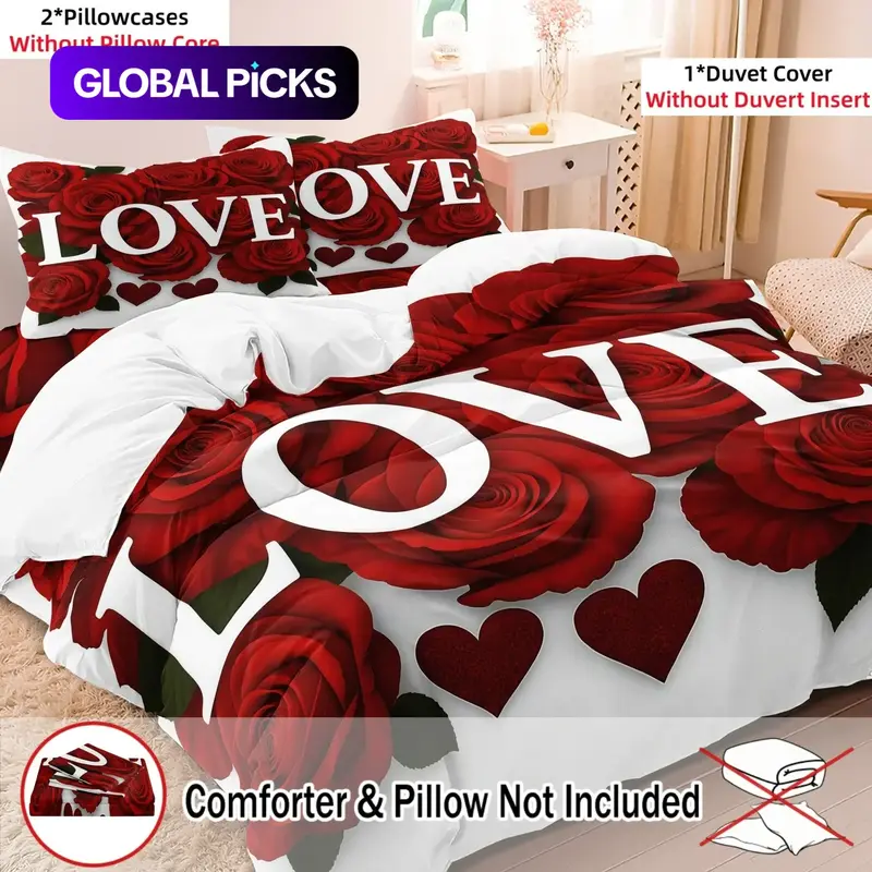 3-Piece Rose Pattern Duvet Cover Set, Duvet Covers Sets, Soft & Comfortable Bedding, for Bedroom, Guest Room & Dorm, Includes 1 Duvet Cover + 2 Pillowcases, No Comforter or Pillow Insert Included #GLOBAL PICKS