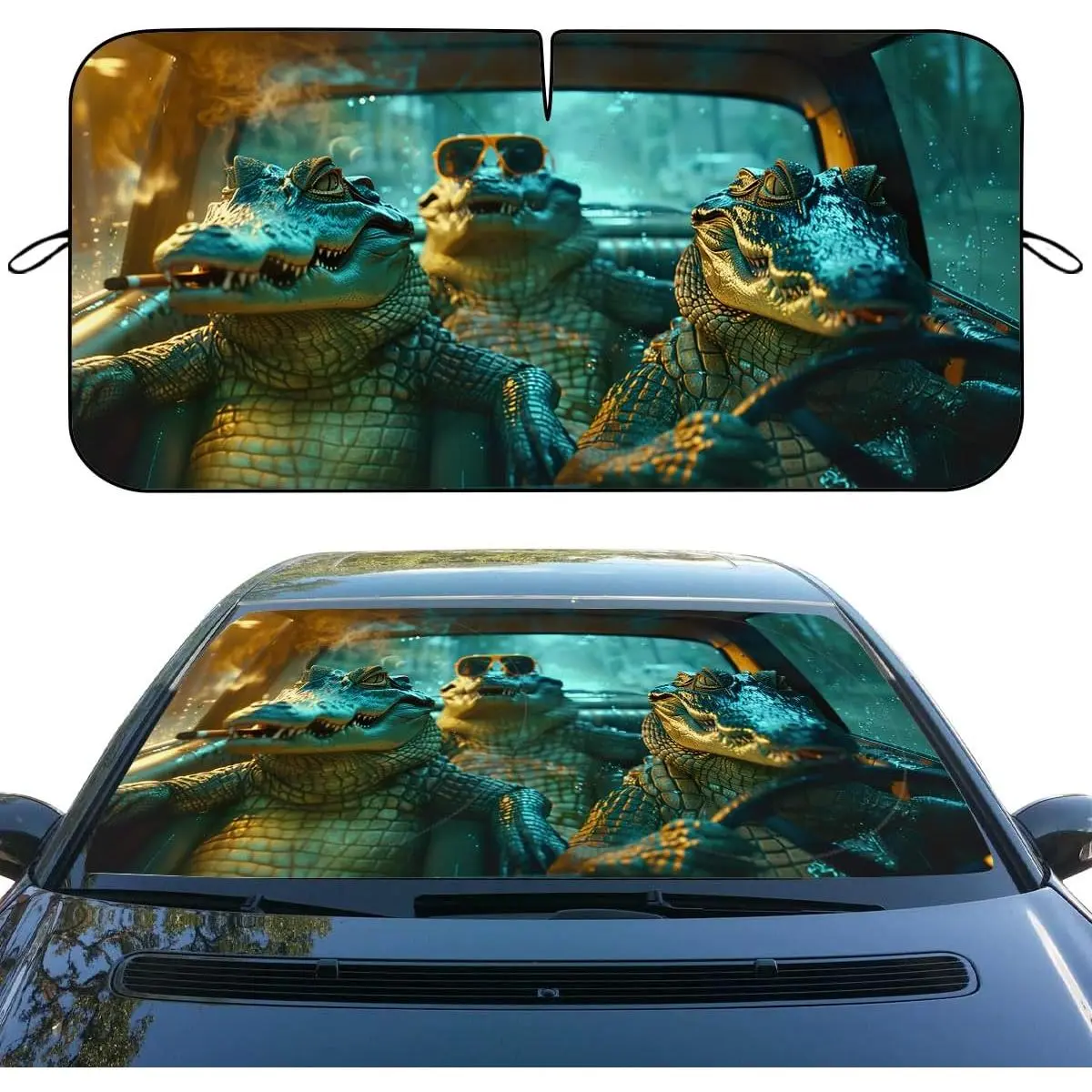 Funny Crocodile Car Front Window Sun Shield - Gangsters Animals Heatshield Windshield Rays Sun Shade Visor Protector for Sedan Truck SUV Accessories - 59" L x 31.5" W